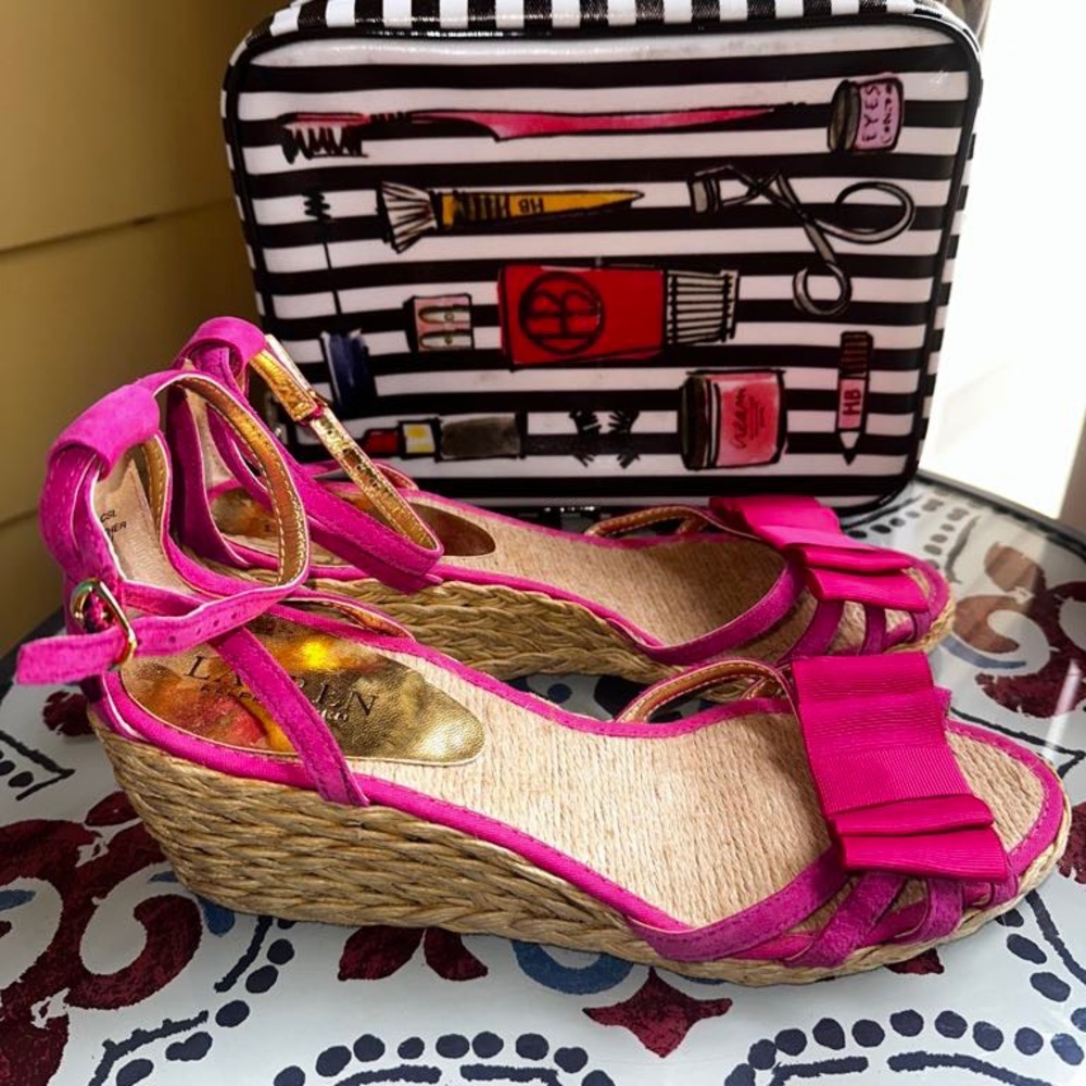 RALPH LAUREN Claudie Fuchsia Suede Gross-Grain Bow Espadrilles Sandals Shoes 9 B